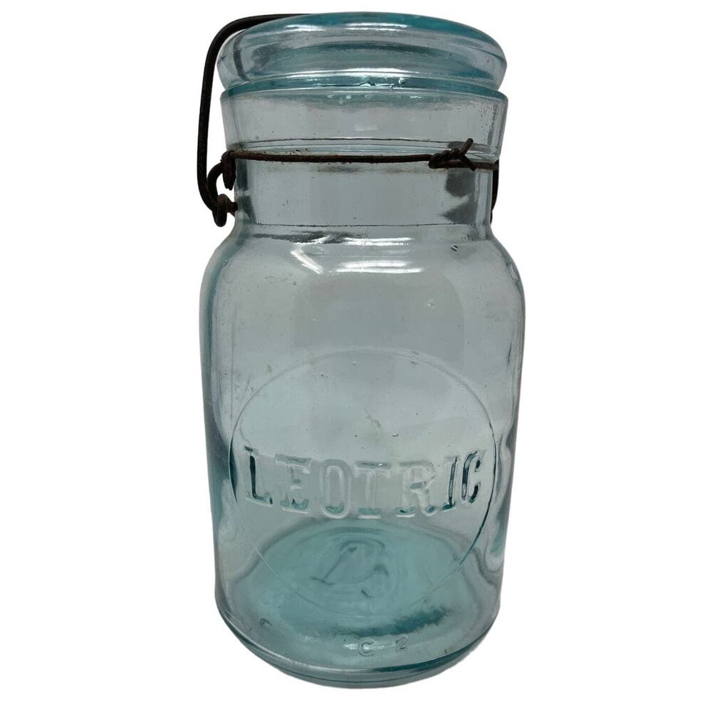 Leotric One Quart Fruit Canning Jar Aqua‎ Blue with Bale Lid C1 C2
